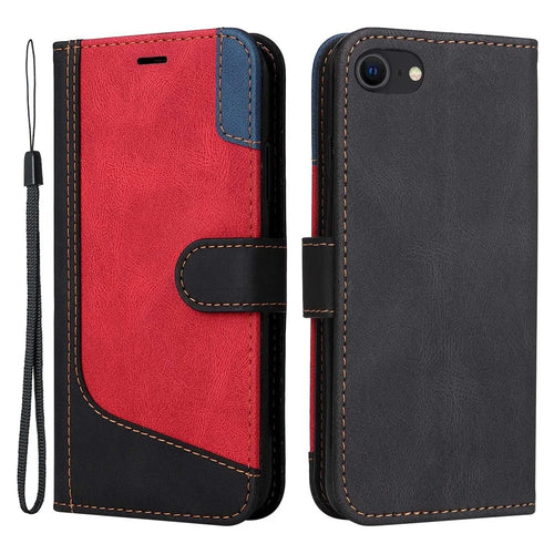 For iPhone 7 4.7 inch/8 4.7 inch/SE (2020)/(2022) Tri-color Splicing Wallet Stand Leather Phone Case Cover with Strap - Black - 1