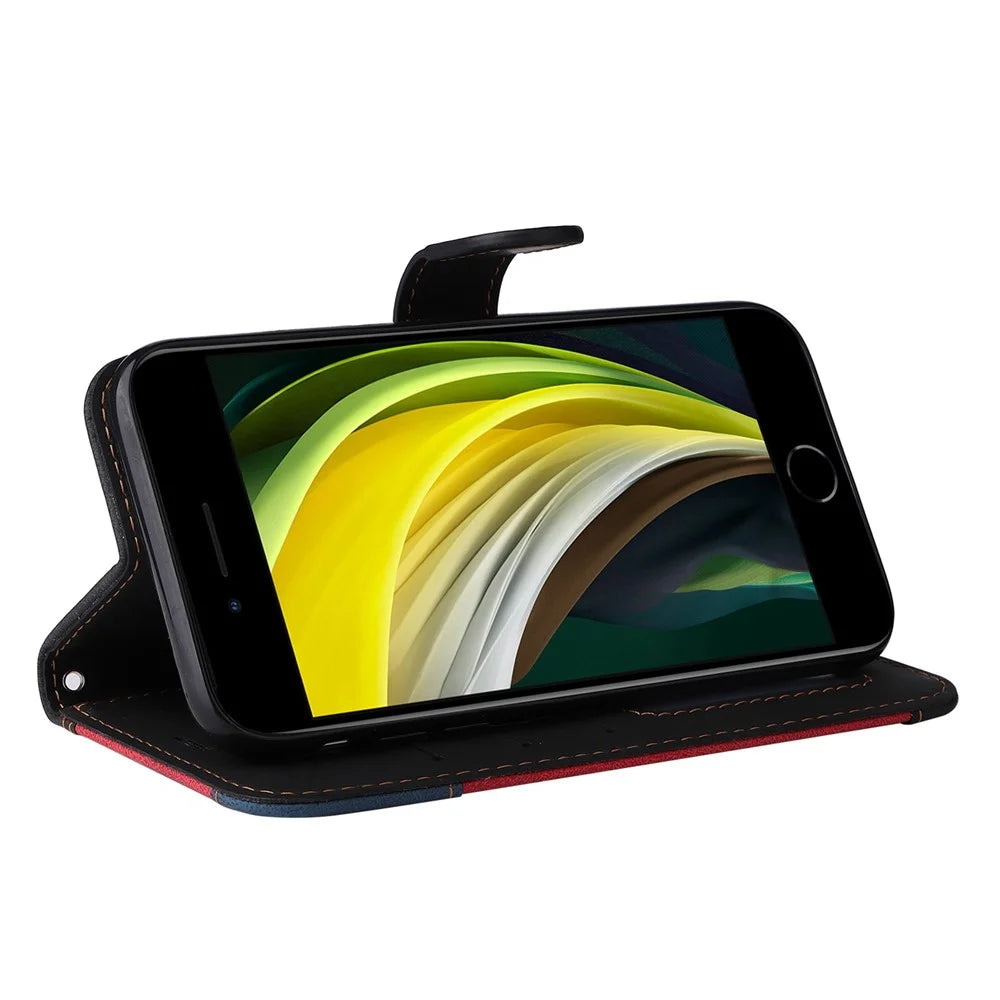 For iPhone 7 4.7 inch/8 4.7 inch/SE (2020)/(2022) Tri-color Splicing Wallet Stand Leather Phone Case Cover with Strap - Black - 3