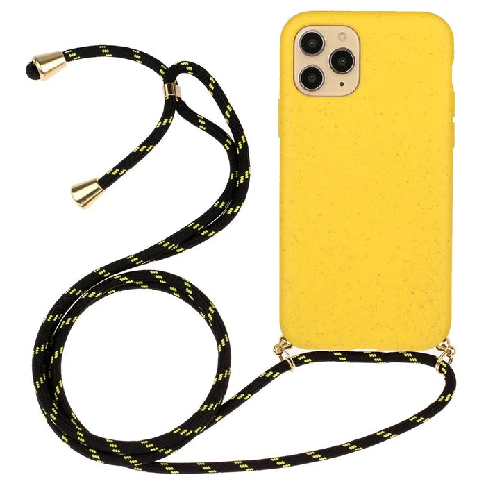 Anti-scratch Protective Phone Cover for iPhone 14 Pro 6.1 inch, Wheat Straw + TPU Case with Adjustable Lanyard - Yellow - 1