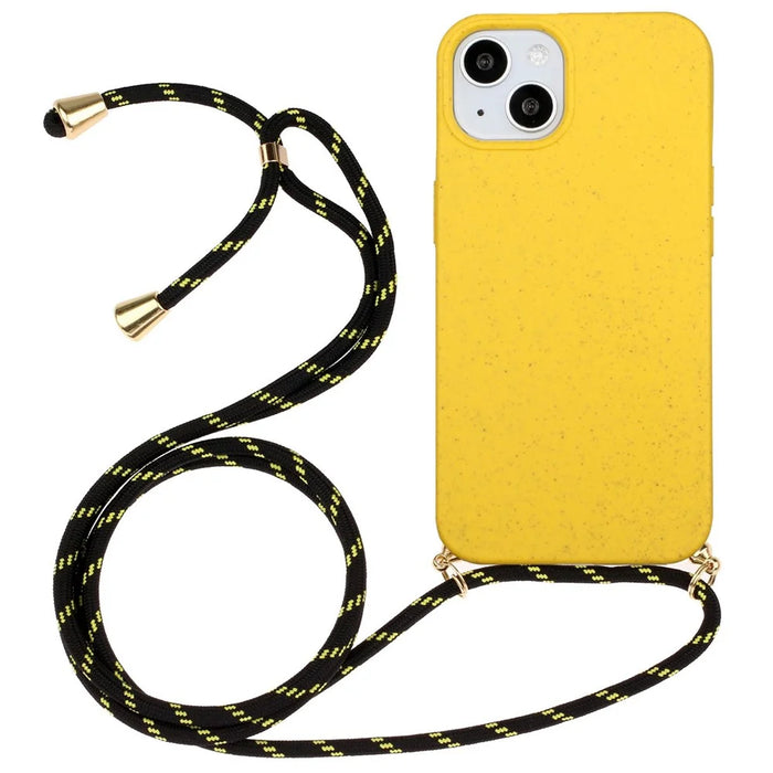 Soft TPU + Wheat Straw Hybrid Case for iPhone 14 6.1 inch, Drop-proof Phone Cover with Adjustable Lanyard - Yellow - 1