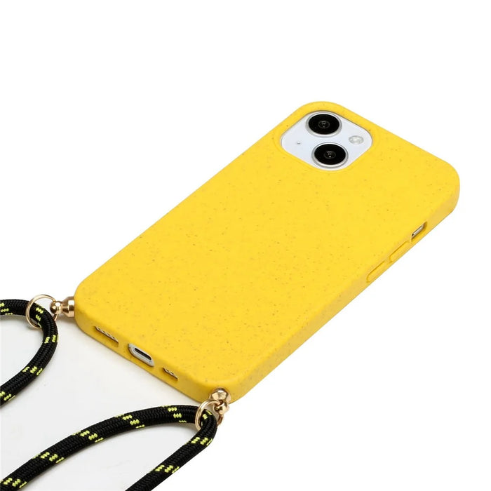 Soft TPU + Wheat Straw Hybrid Case for iPhone 14 6.1 inch, Drop-proof Phone Cover with Adjustable Lanyard - Yellow - 2