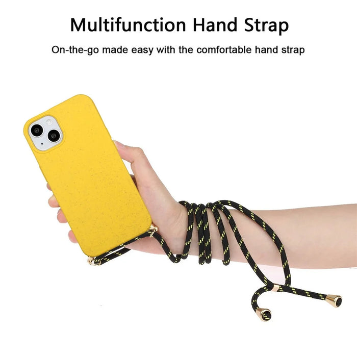 Soft TPU + Wheat Straw Hybrid Case for iPhone 14 6.1 inch, Drop-proof Phone Cover with Adjustable Lanyard - Yellow - 3
