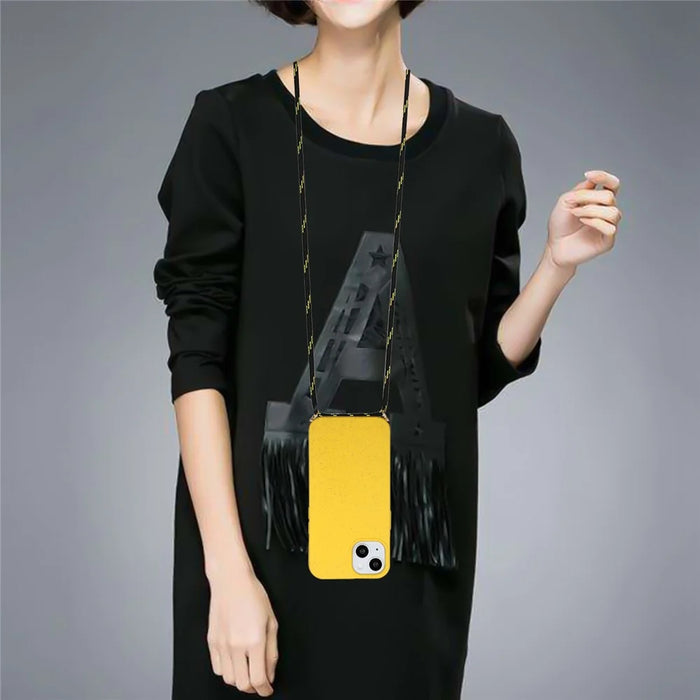 Soft TPU + Wheat Straw Hybrid Case for iPhone 14 6.1 inch, Drop-proof Phone Cover with Adjustable Lanyard - Yellow - 4