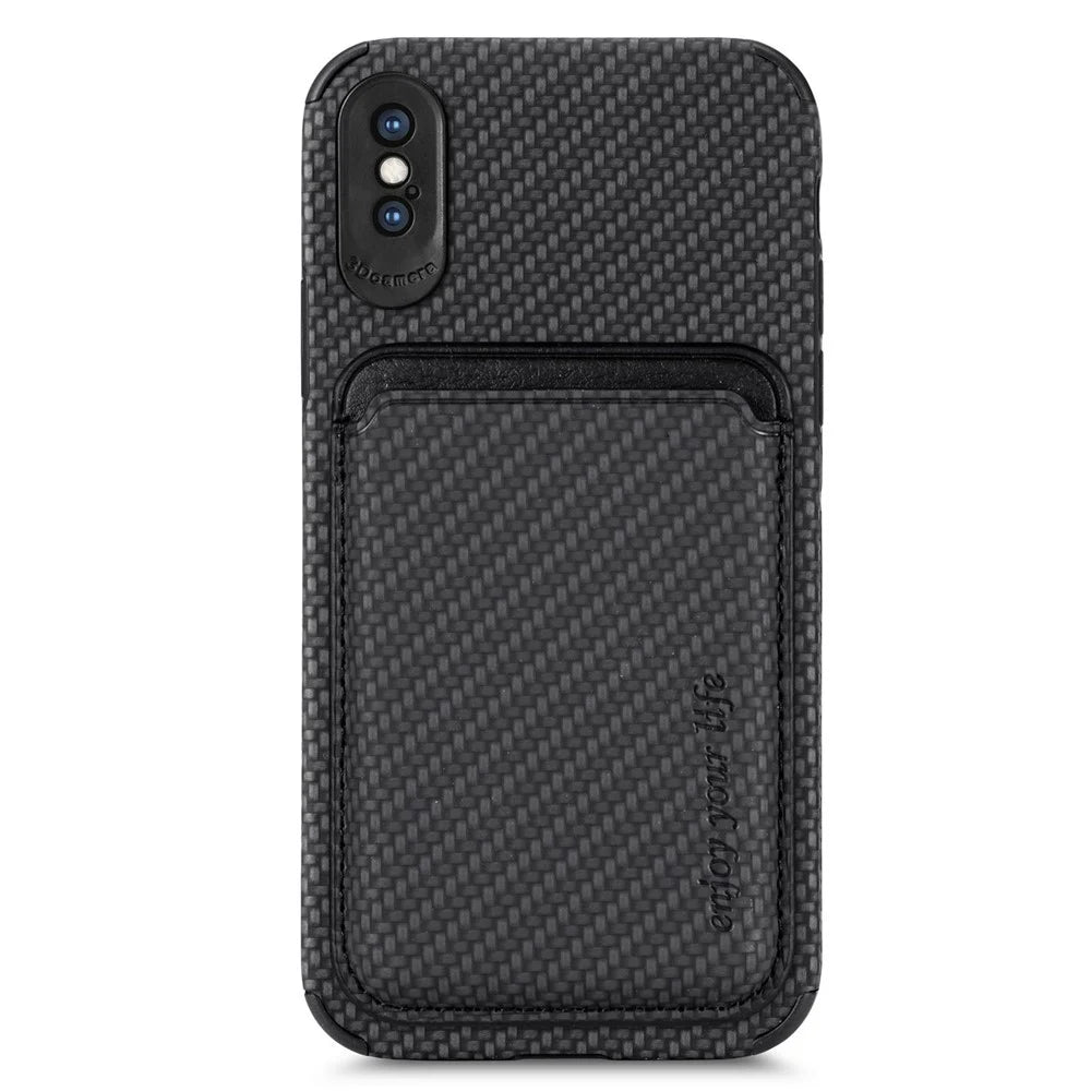 For iPhone X/XS 5.8 inch Carbon Fiber Texture Wear-resistant Phone Case PU Leather + TPU + PVC Protector with Detachable Magnetic Card Holder - Black - 1