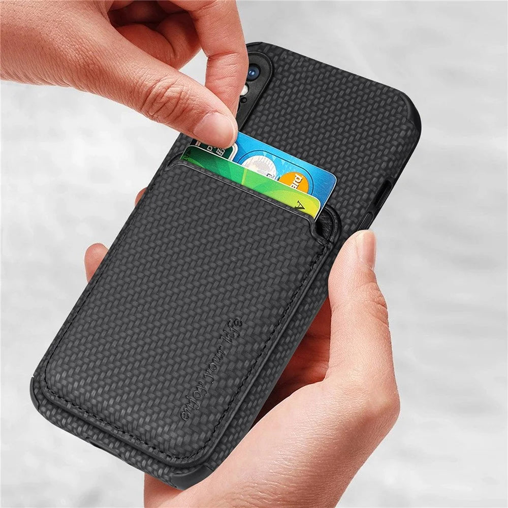 For iPhone X/XS 5.8 inch Carbon Fiber Texture Wear-resistant Phone Case PU Leather + TPU + PVC Protector with Detachable Magnetic Card Holder - Black - 3