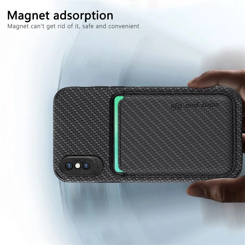 For iPhone X/XS 5.8 inch Carbon Fiber Texture Wear-resistant Phone Case PU Leather + TPU + PVC Protector with Detachable Magnetic Card Holder - Black - 5