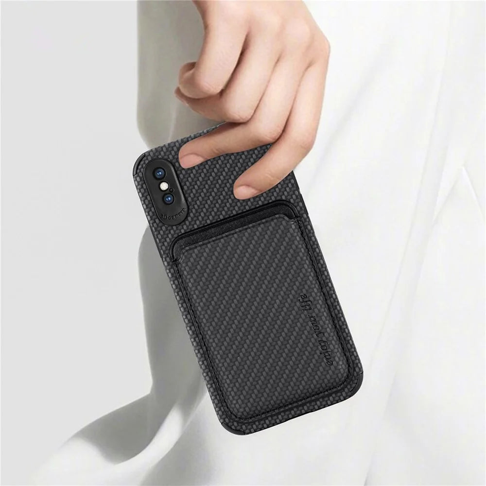 For iPhone X/XS 5.8 inch Carbon Fiber Texture Wear-resistant Phone Case PU Leather + TPU + PVC Protector with Detachable Magnetic Card Holder - Black - 6