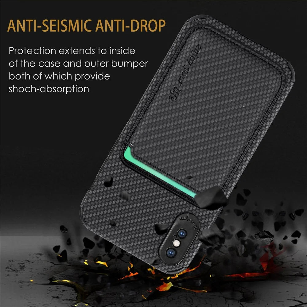 For iPhone X/XS 5.8 inch Carbon Fiber Texture Wear-resistant Phone Case PU Leather + TPU + PVC Protector with Detachable Magnetic Card Holder - Black - 7