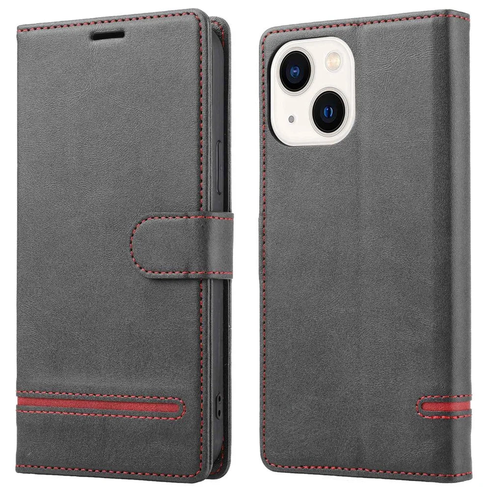 For iPhone 14 6.1 inch Anti-wear Phone Cover Shockproof Splicing Flip Leather Case Wallet Stand with Magnetic Closing Clasp - Black - 1