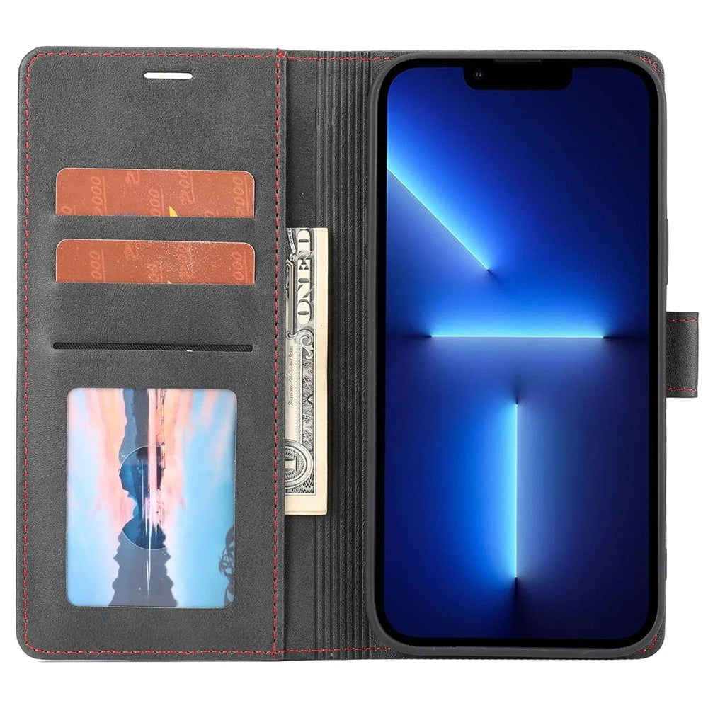 For iPhone 14 6.1 inch Anti-wear Phone Cover Shockproof Splicing Flip Leather Case Wallet Stand with Magnetic Closing Clasp - Black - 2