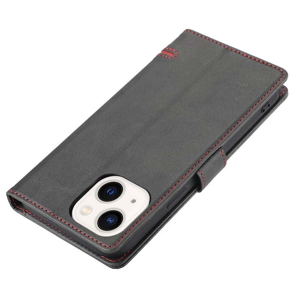 For iPhone 14 6.1 inch Anti-wear Phone Cover Shockproof Splicing Flip Leather Case Wallet Stand with Magnetic Closing Clasp - Black - 6