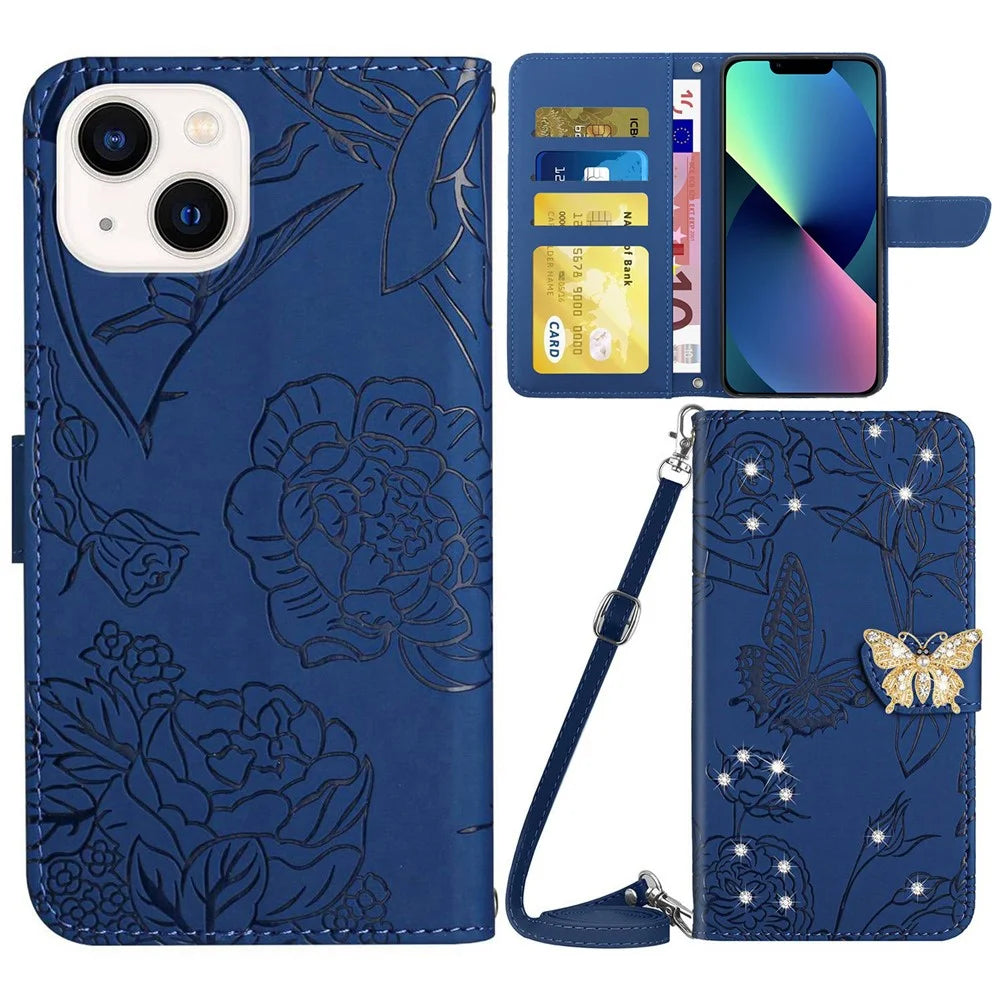 For iPhone 13 6.1 inch Phone Flip Wallet Case, Butterfly Flowers Imprinted Rhinestone Decor PU Leather Protective Phone Cover Stand with Shoulder Strap - Blue - 1