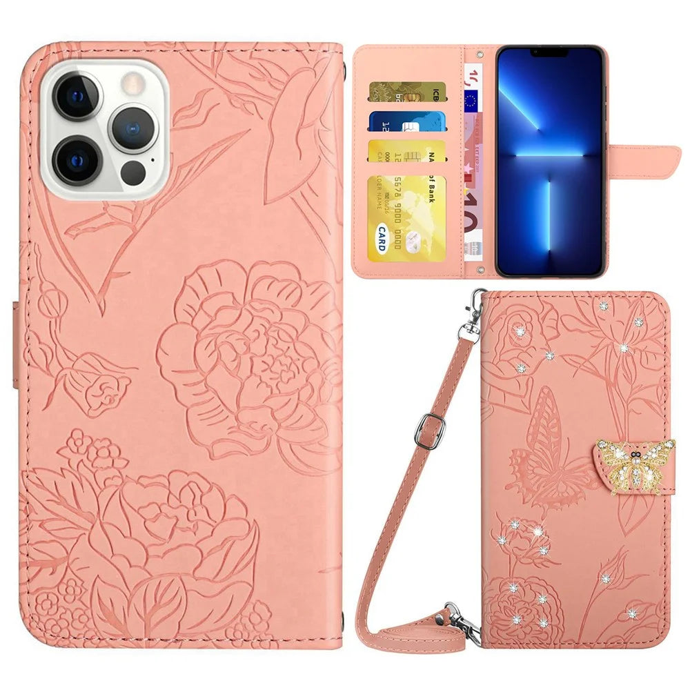 For iPhone 13 Pro 6.1 inch Anti-drop Phone Cover, Butterfly Flowers Imprinted Rhinestone Decor Wallet Case Stand with Shoulder Strap - Pink - 1