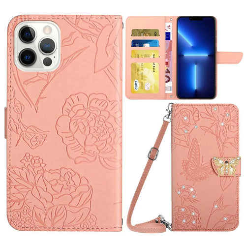 For iPhone 13 Pro 6.1 inch Anti-drop Phone Cover, Butterfly Flowers Imprinted Rhinestone Decor Wallet Case Stand with Shoulder Strap - Pink - 1