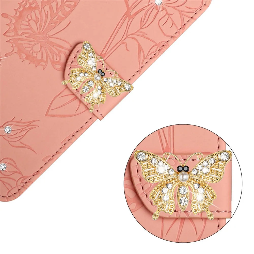 For iPhone 13 Pro 6.1 inch Anti-drop Phone Cover, Butterfly Flowers Imprinted Rhinestone Decor Wallet Case Stand with Shoulder Strap - Pink - 4