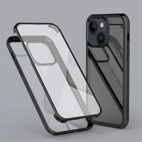 For iPhone 14 HD Clear Anti-shock Phone Case Detachable 2-in-1 Double-sided Tempered Glass Scratch-resistant Phone Cover - Black - 1