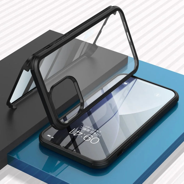 For iPhone 14 HD Clear Anti-shock Phone Case Detachable 2-in-1 Double-sided Tempered Glass Scratch-resistant Phone Cover - Black - 2