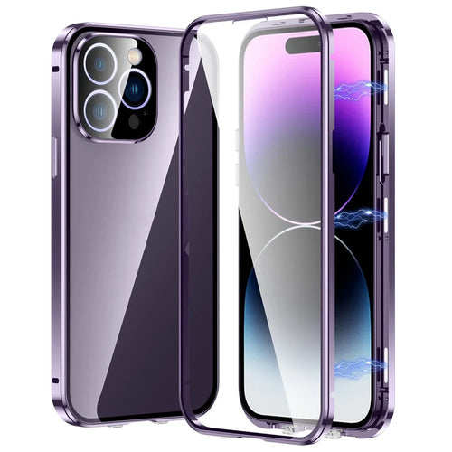 For iPhone 14 Pro Max Phone Case Full Protection Shockproof Case Metal + Tempered Glass Magnetic Phone Cover with Self-Locking Buckle - Purple - 1