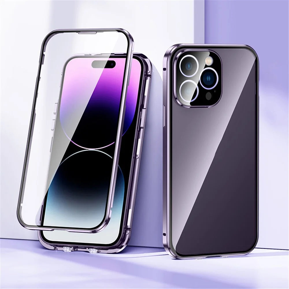 For iPhone 14 Pro Max Phone Case Full Protection Shockproof Case Metal + Tempered Glass Magnetic Phone Cover with Self-Locking Buckle - Purple - 2