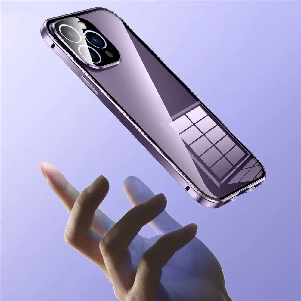 For iPhone 14 Pro Max Phone Case Full Protection Shockproof Case Metal + Tempered Glass Magnetic Phone Cover with Self-Locking Buckle - Purple - 3