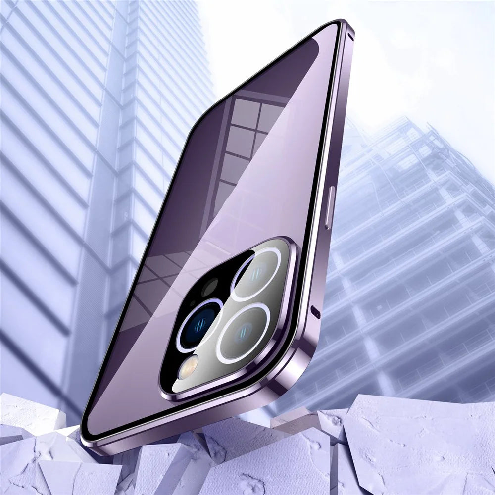 For iPhone 14 Pro Max Phone Case Full Protection Shockproof Case Metal + Tempered Glass Magnetic Phone Cover with Self-Locking Buckle - Purple - 5