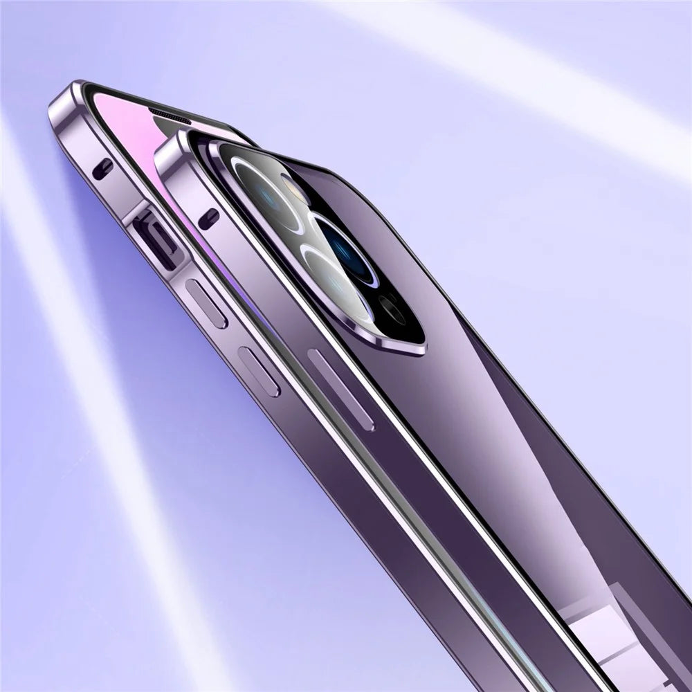 For iPhone 14 Pro Shockproof Case Full Protection Phone Cover Metal + Tempered Glass Magnetic Case with Self-Locking Buckle - Purple - 4