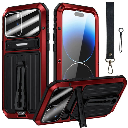 For iPhone 14 Pro Max Shockproof Phone Case TPU+Metal Back Cover Kickstand with Tempered Glass Film and Strap - Red - 1
