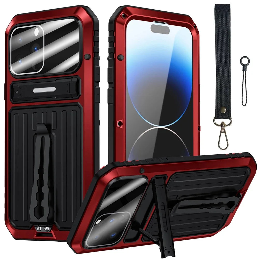 For iPhone 14 Pro Max Shockproof Phone Case TPU+Metal Back Cover Kickstand with Tempered Glass Film and Strap - Red - 1