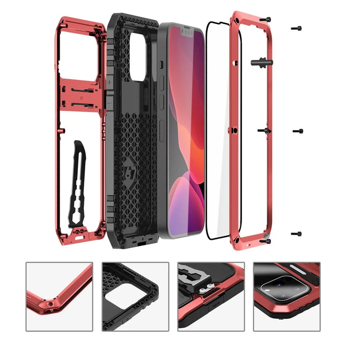 For iPhone 14 Pro Max Shockproof Phone Case TPU+Metal Back Cover Kickstand with Tempered Glass Film and Strap - Red - 2