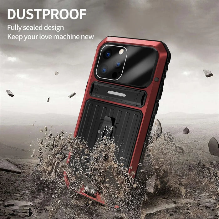 For iPhone 14 Pro Max Shockproof Phone Case TPU+Metal Back Cover Kickstand with Tempered Glass Film and Strap - Red - 3
