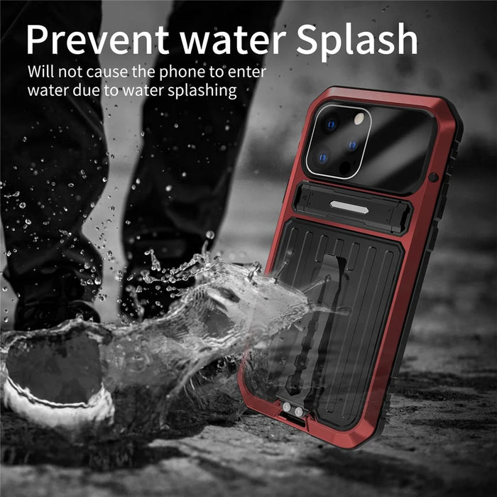 For iPhone 14 Pro Max Shockproof Phone Case TPU+Metal Back Cover Kickstand with Tempered Glass Film and Strap - Red - 4