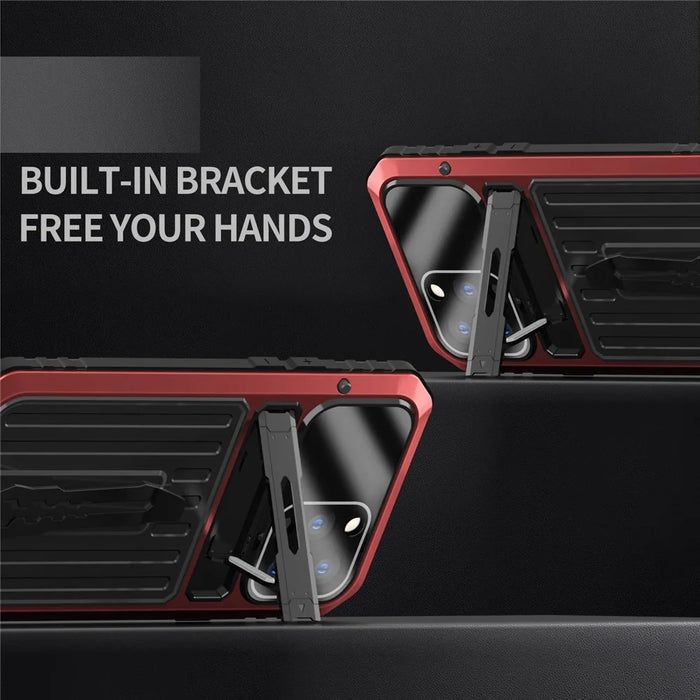 For iPhone 14 Pro Max Shockproof Phone Case TPU+Metal Back Cover Kickstand with Tempered Glass Film and Strap - Red - 5