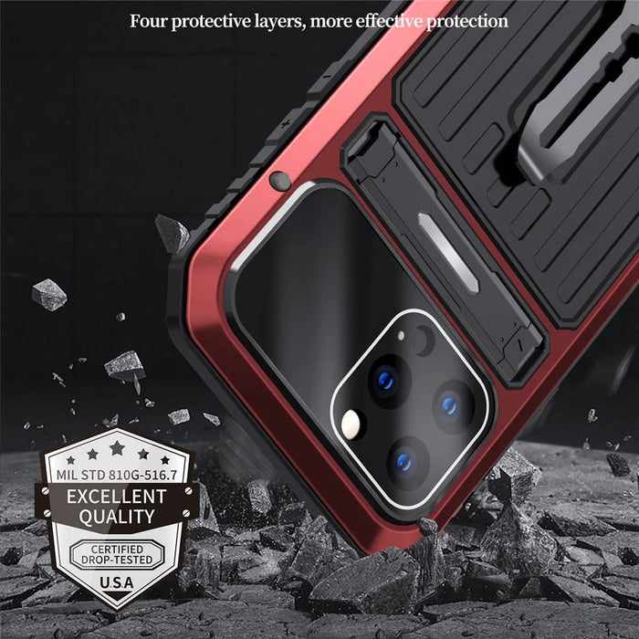 For iPhone 14 Pro Max Shockproof Phone Case TPU+Metal Back Cover Kickstand with Tempered Glass Film and Strap - Red - 6