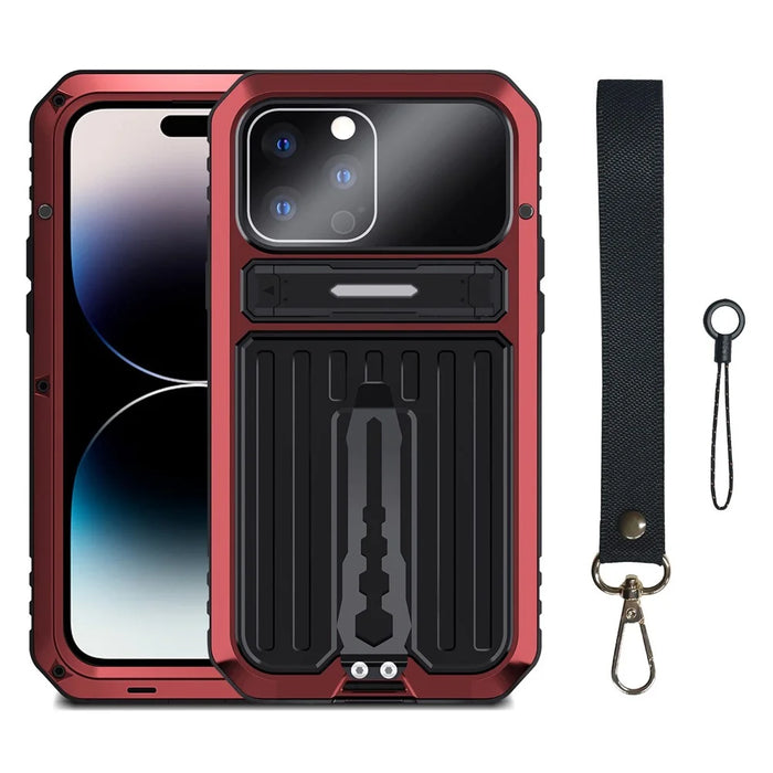 For iPhone 14 Pro Max Shockproof Phone Case TPU+Metal Back Cover Kickstand with Tempered Glass Film and Strap - Red - 7