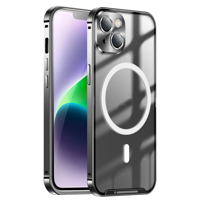 Anti-Drop Magnetic Case for iPhone 14 Protective Slim Cover PC + Metal Matte Phone Case with Integrated Lens Cover - Black - 1