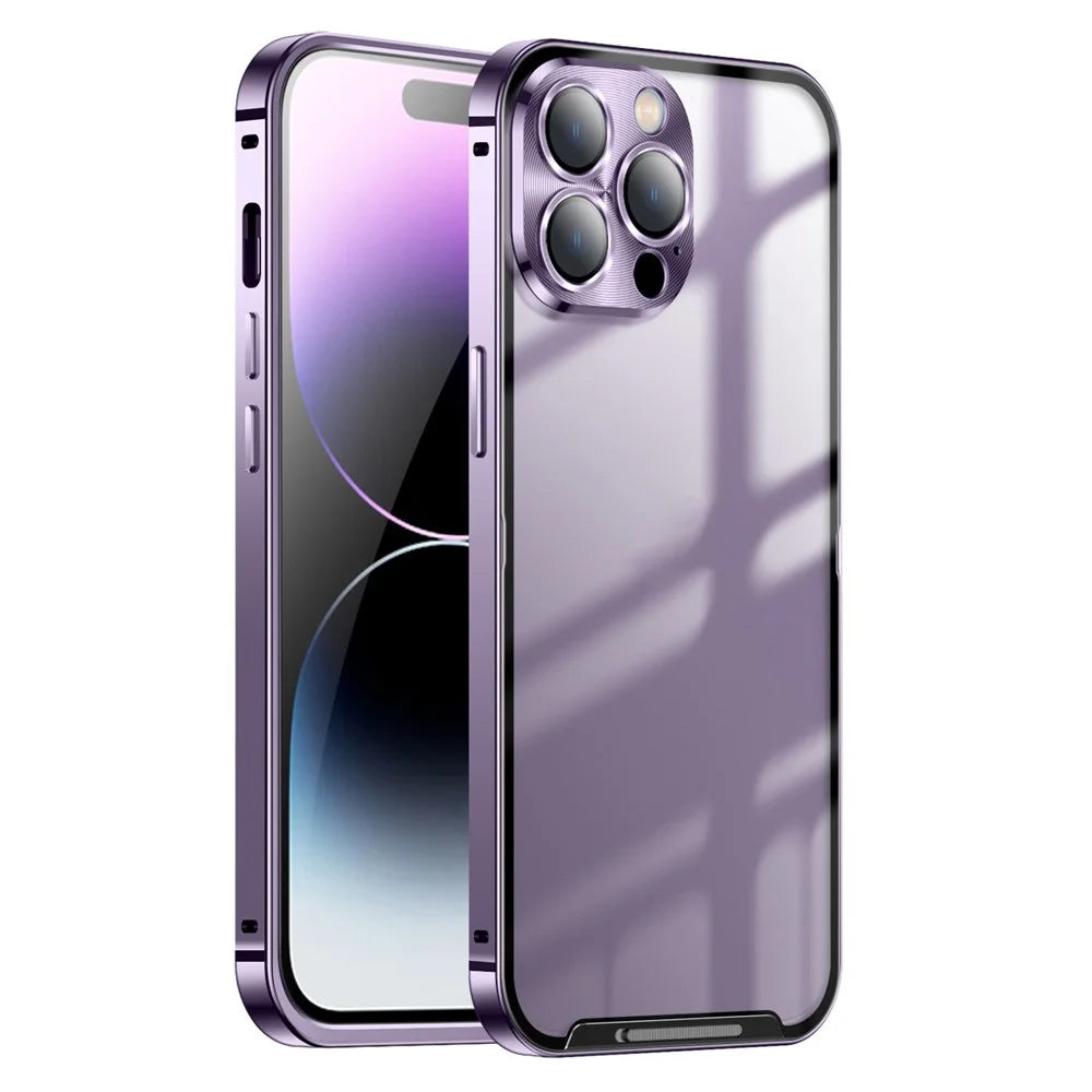 For iPhone 14 Pro Matte Phone Cover with Aluminium Alloy Bumper Frame Anti-scratch Phone Case with Metal Camera Lens Protector - Purple - 1