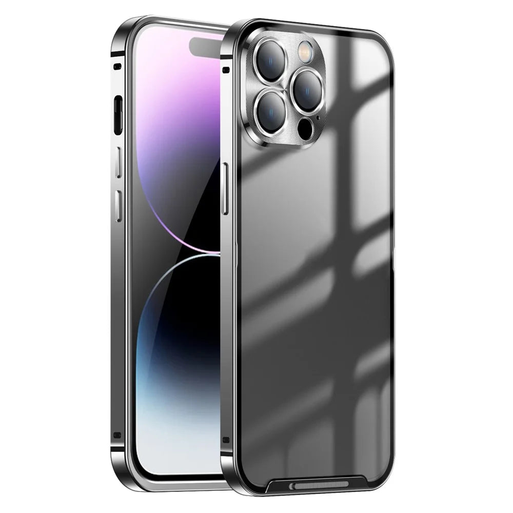 Anti-fall Phone Cover For iPhone 14 Pro Max Aluminium Alloy Bumper Frame Shockproof Matte Phone Case with Metal Camera Lens Protector - Black - 1