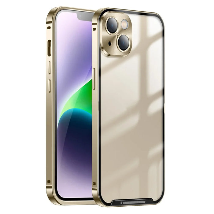 For iPhone 14 Plus Anti-fall Ultra Slim Phone Case Aluminium Alloy Bumper Frame Matte Cell Phone Protective Cover with Camera Lens Protector - Gold - 1