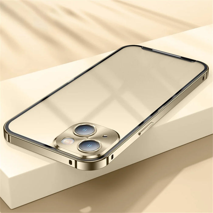 For iPhone 14 Plus Anti-fall Ultra Slim Phone Case Aluminium Alloy Bumper Frame Matte Cell Phone Protective Cover with Camera Lens Protector - Gold - 2