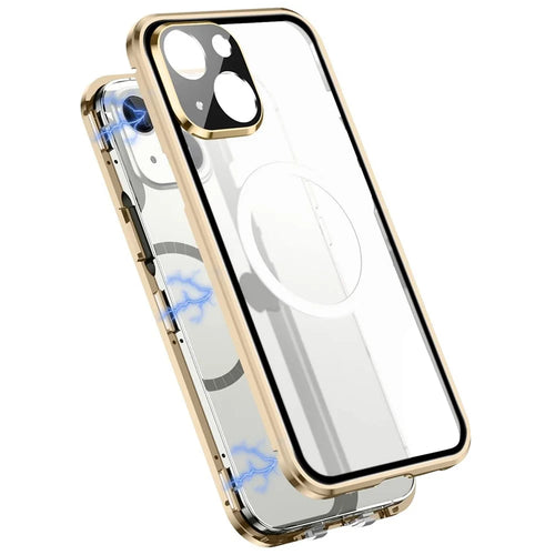 Anti-Fall Magnetic Case for iPhone 14 Matte PC + Metal + Tempered Glass Shockproof Phone Case with Lens Protector / Magnetic Lock - Gold - 1