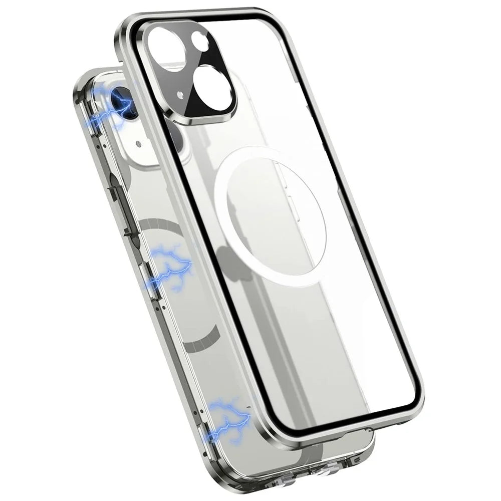 Magnetic Phone Case for iPhone 13 6.1 inch Matte PC + Metal + Tempered Glass Shockproof Case Anti-Drop Phone Cover with Lens Protector  /  Magnetic Lock - Silver - 1
