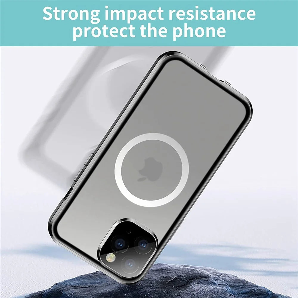 Shockproof Magnetic Case for iPhone 12 Pro 6.1 inch Matte Hard PC + Metal + Tempered Glass Phone Cover Anti-Fall Phone Case with Magnetic Lock - Gold - 4
