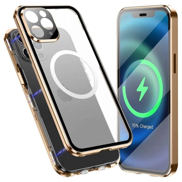 For iPhone 11 Pro Max 6.5 inch Magnetic Phone Case Matte Hard PC + Metal + Tempered Glass Anti-Fall Phone Cover Shockproof Case with Magnetic Lock - Gold - 1