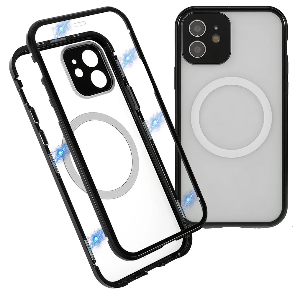 For iPhone 12 6.1 inch Clear Magnetic Phone Case Compatible with Magsafe, Double Sided Tempered Glass Magnetic Adsorption Metal Frame Back Frosted PC Cover with Safety Buckle - Black - 1