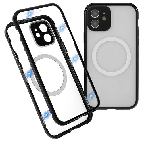For iPhone 12 6.1 inch Clear Magnetic Phone Case Compatible with Magsafe, Double Sided Tempered Glass Magnetic Adsorption Metal Frame Back Frosted PC Cover with Safety Buckle - Black - 1