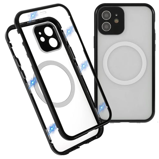 For iPhone 12 6.1 inch Clear Magnetic Phone Case Compatible with Magsafe, Double Sided Tempered Glass Magnetic Adsorption Metal Frame Back Frosted PC Cover with Safety Buckle - Black - 1