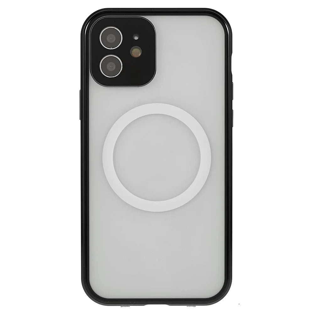 For iPhone 12 6.1 inch Clear Magnetic Phone Case Compatible with Magsafe, Double Sided Tempered Glass Magnetic Adsorption Metal Frame Back Frosted PC Cover with Safety Buckle - Black - 2