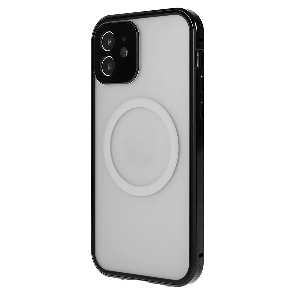 For iPhone 12 6.1 inch Clear Magnetic Phone Case Compatible with Magsafe, Double Sided Tempered Glass Magnetic Adsorption Metal Frame Back Frosted PC Cover with Safety Buckle - Black - 3