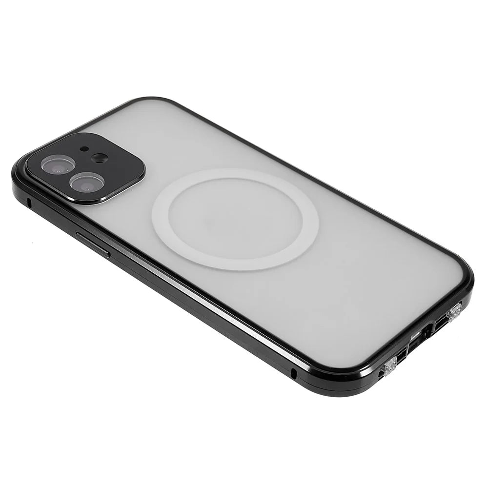 For iPhone 12 6.1 inch Clear Magnetic Phone Case Compatible with Magsafe, Double Sided Tempered Glass Magnetic Adsorption Metal Frame Back Frosted PC Cover with Safety Buckle - Black - 5