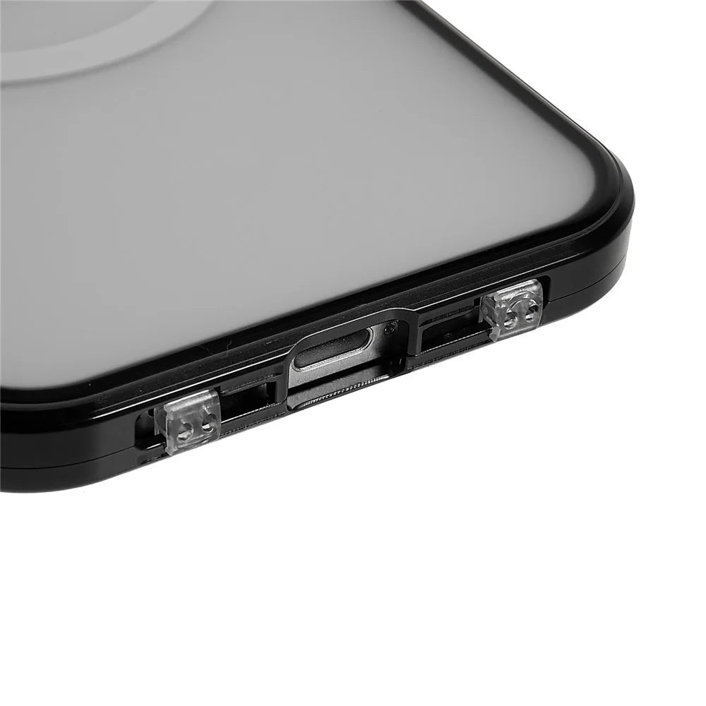 For iPhone 12 6.1 inch Clear Magnetic Phone Case Compatible with Magsafe, Double Sided Tempered Glass Magnetic Adsorption Metal Frame Back Frosted PC Cover with Safety Buckle - Black - 6